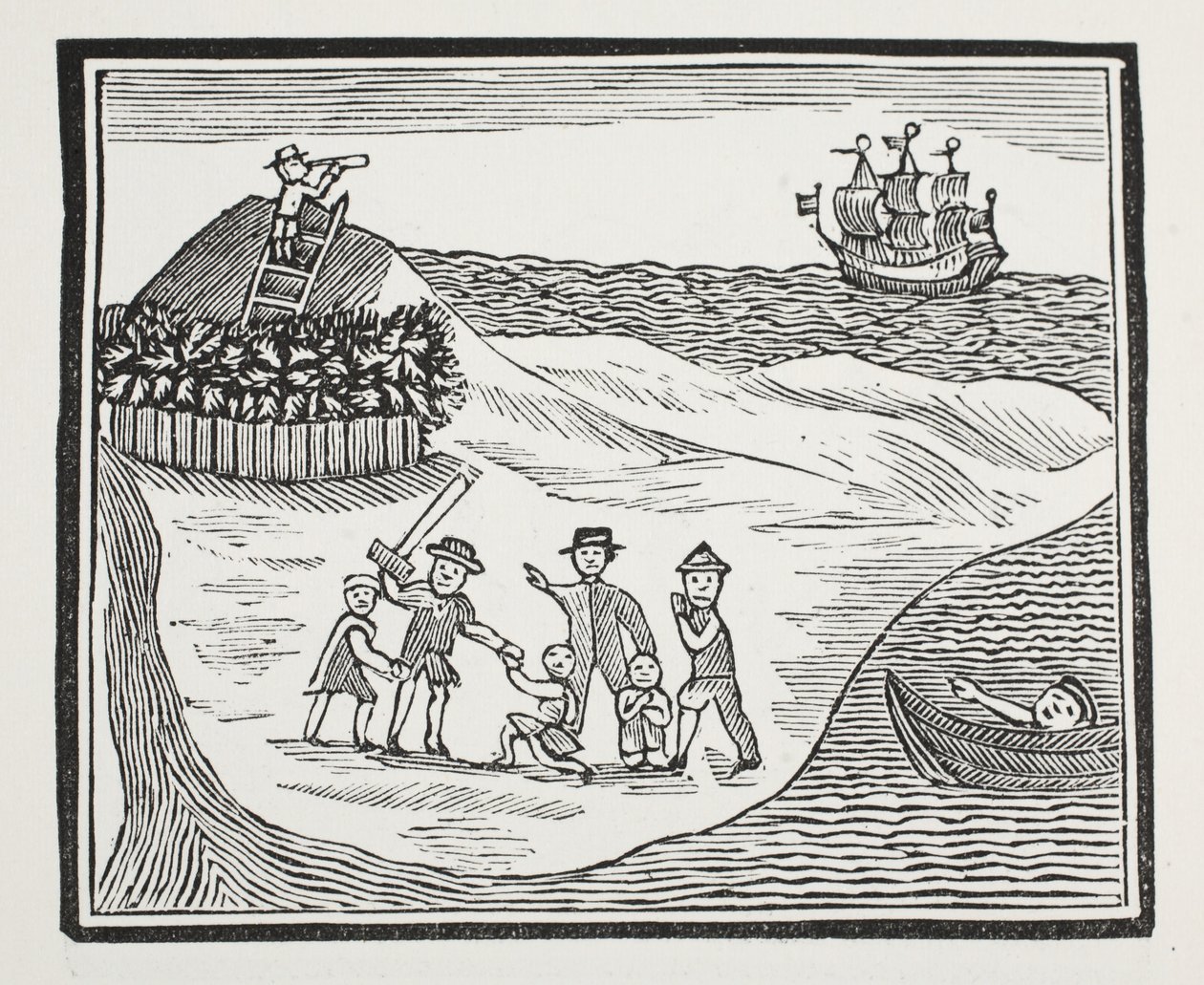 Landning av mutinous crew på ön, illustration från Chap-books of the artonde århundrade av John Ashton, pub. 1882 av English School