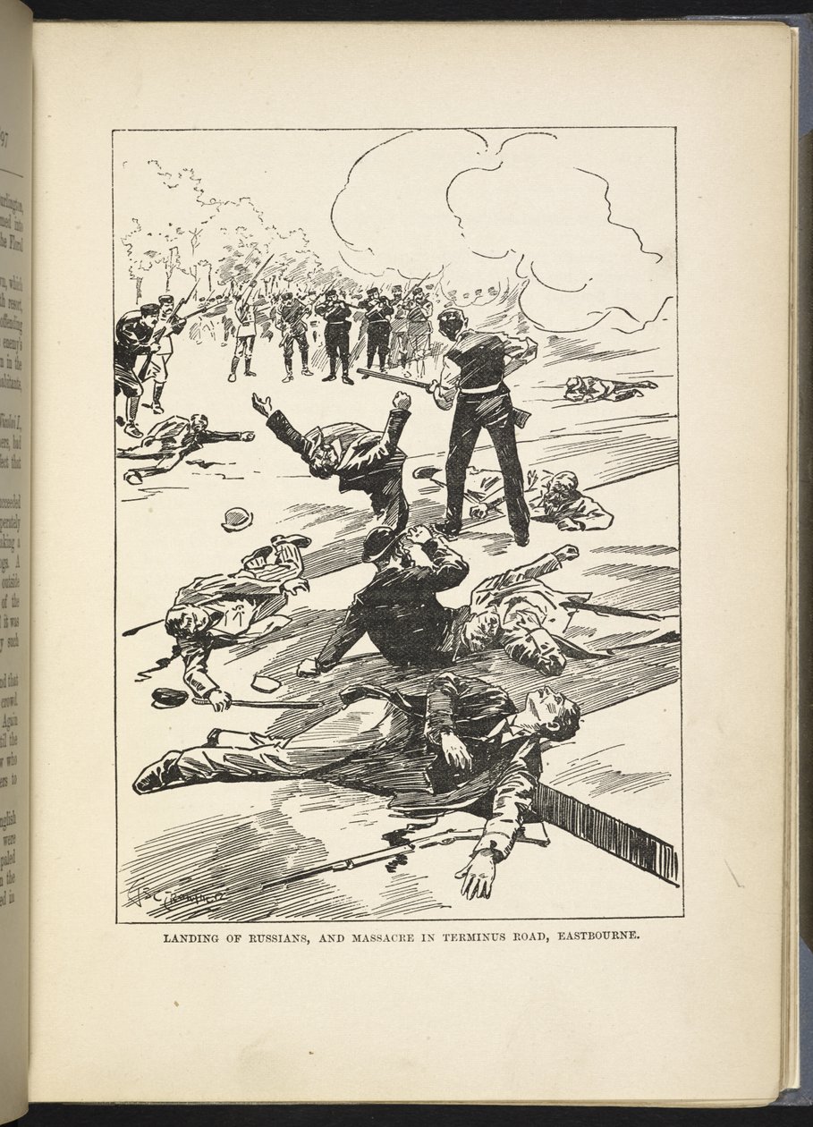 "Landsättning av ryssar och massaker i Terminus Road, Eastbourne", illustration från "The Great War in England in 1897" av William Le Queux av English School