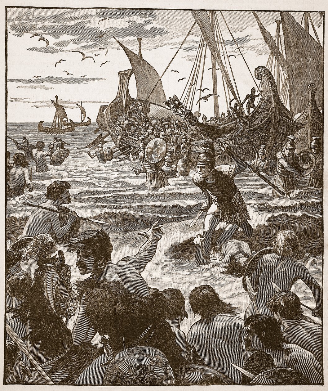 Romarnas landning på Kents kust, illustration från Cassells Illustrated History of England (sepiafoto) av English School