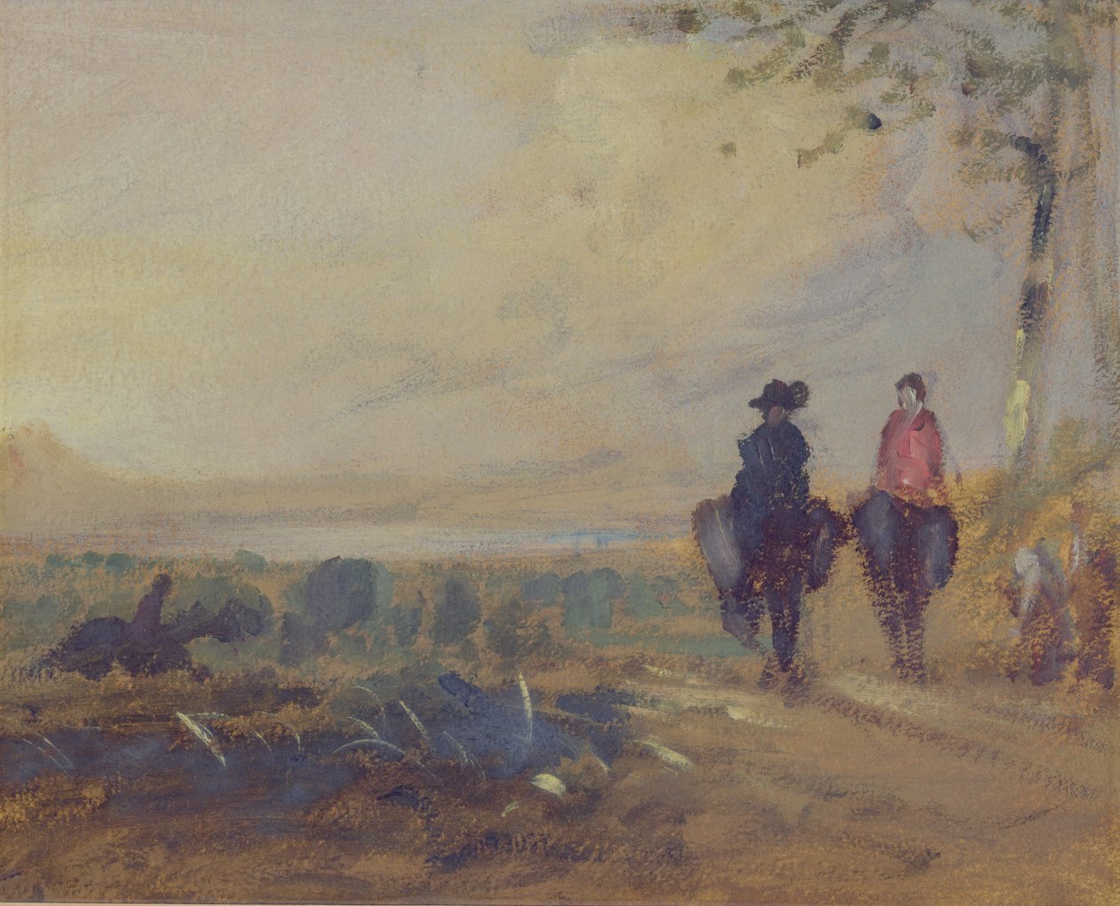Landskap med sjö och två figurer som rider, tidigare tillskrivet J.M.W. Turner (1775-1851) och även tillskriven Peter de Wint (1784-1849), 1815-25 (olja på papper) av English School