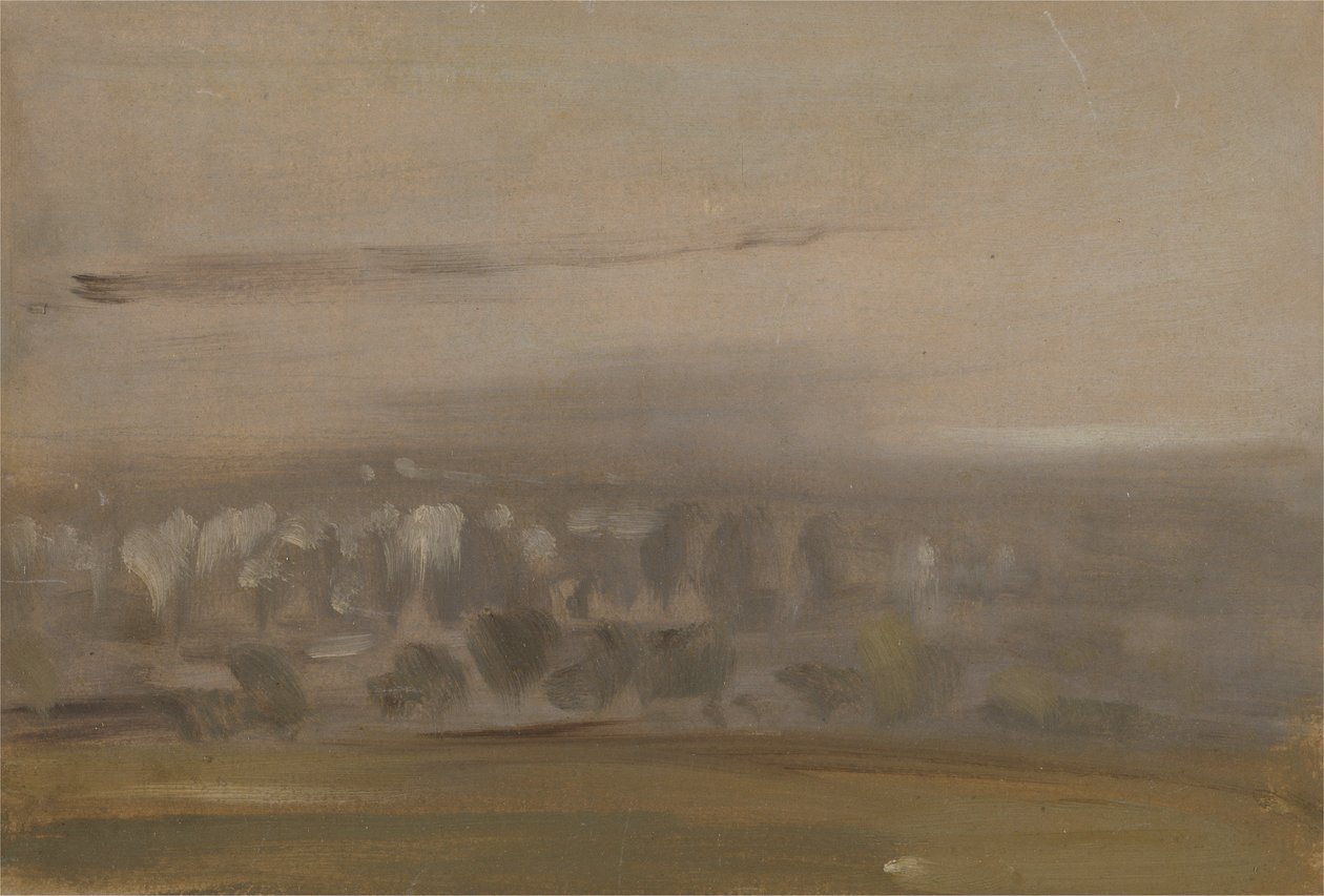 Landskap med träd på en sluttning (Wooded Valley, sett genom Mist) som tidigare tillskrivits J.M.W. Turner (1775-1851) och även tillskriven Peter de Wint (1784-1849) (olja på papper) av English School