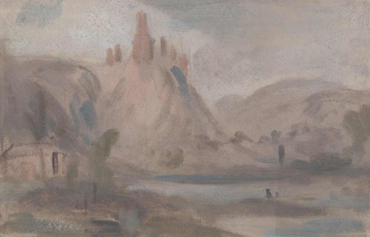 Landskap med ett slott på en kulle, tidigare tillskrivet J.M.W. Turner (1775-1851) och även tillskriven Peter de Wint (1784-1849) (olja på papper) av English School