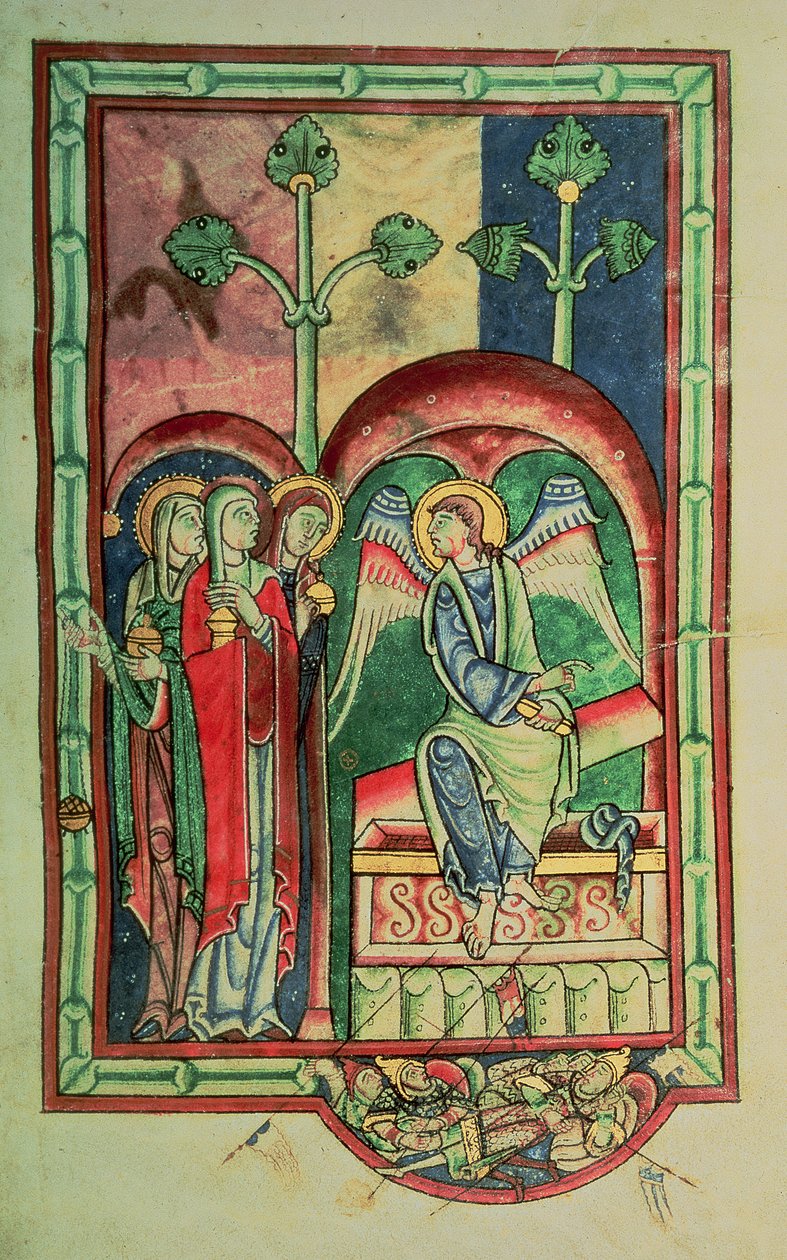 Lansdowne 383 f.13 The Women at the sepulchre, från Shaftesbury Psalter, West Country, c.1130-40 (vellum) av English School