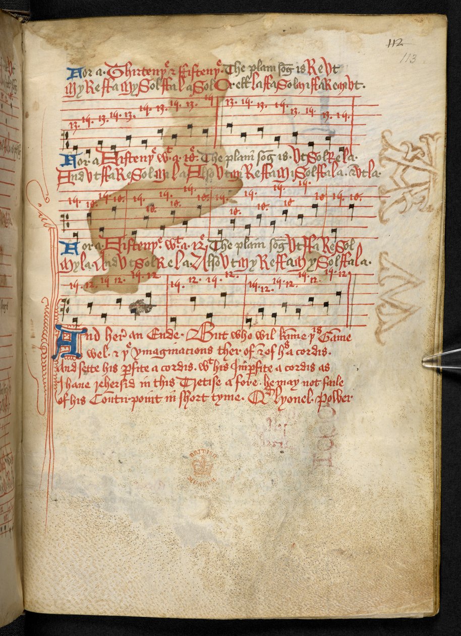 Lansdowne 763, f.113r, En volym ganska skriven på veläng på 1400-talet och innehållande gamla och mycket intressanta avhandlingar om musik av olika författare. av English School