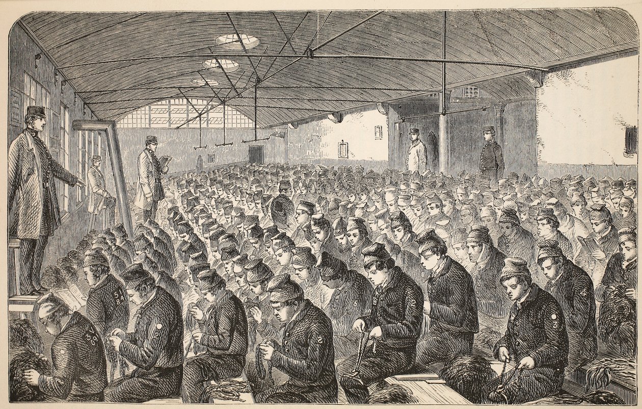 Stort Oakum-rum (under det tysta systemet) i Middlesex House of Correction, Coldbath Fields, illustration från The Criminal Prisons of London och scener från Prison Life av Henry Mayhew och John av English School