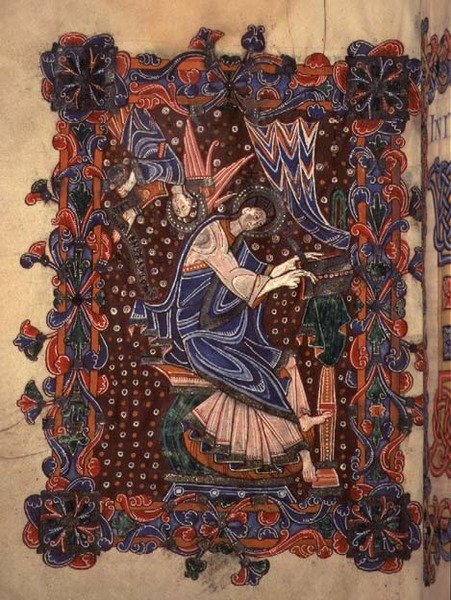Lat 14782 f.16v St Matteus skriver sitt evangelium, c.1080 (vellum) av English School