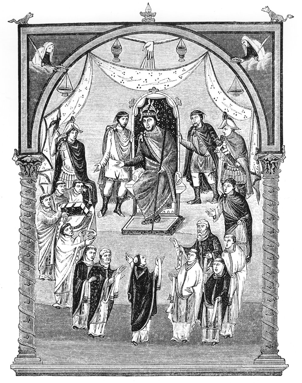 Lat 1 f.423r Karl den skallige, kung av Frankrike (823-77) tronad, beställd av abbot Vivian från klostret St. Martin i Tours, från Karl den skalliges första bibel, 843-51, illustration av English School