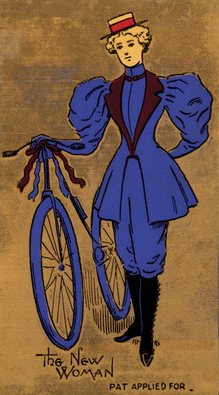 Kvinna och hennes cykel från slutet av 1800-talet eller början av 1900-talet, en symbol för början av kvinnans frigörelse (färglitografi) av English School