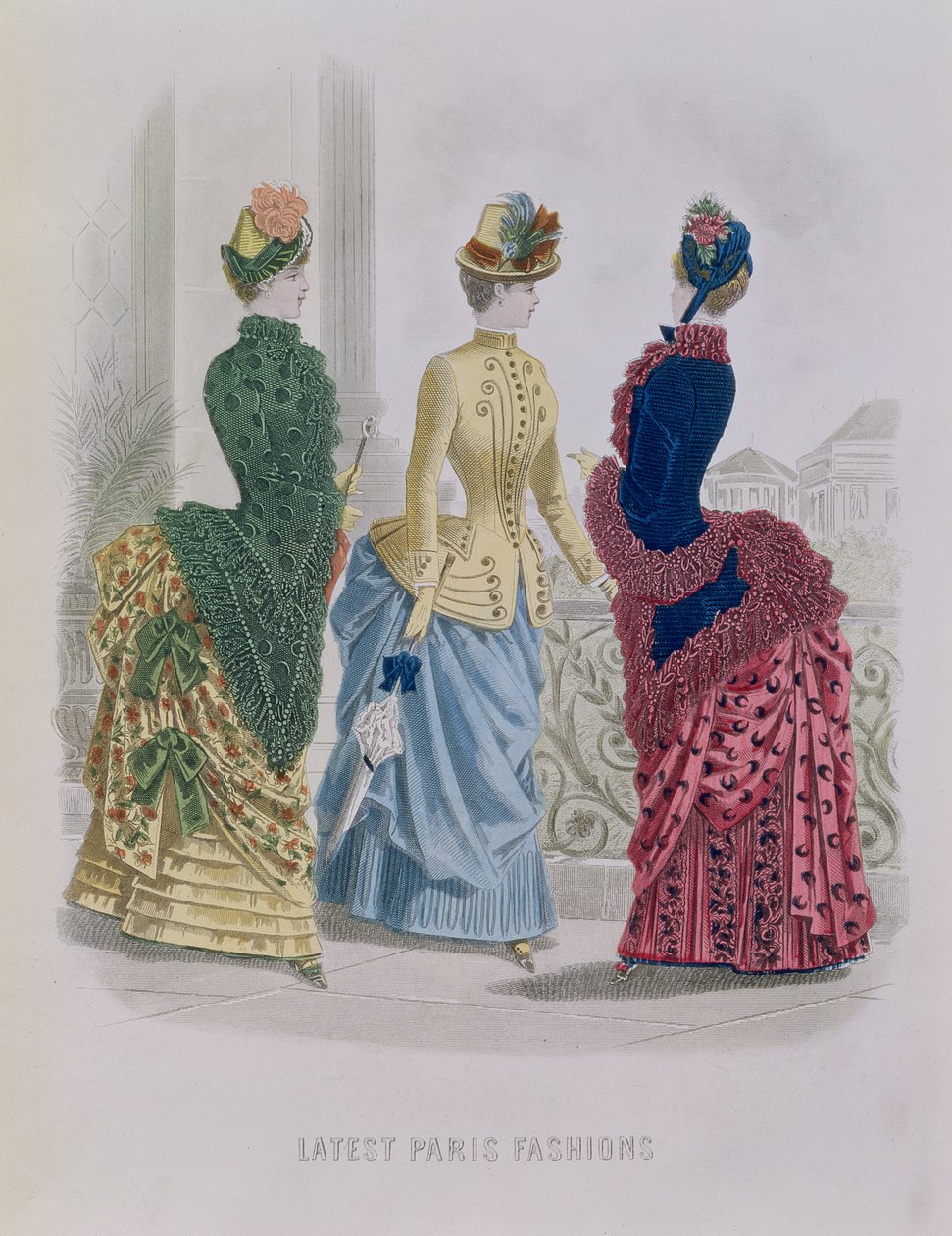 Senaste Parismoden, tredagsklänningar i en modetallrik från The Queen, maj 1885 av English School