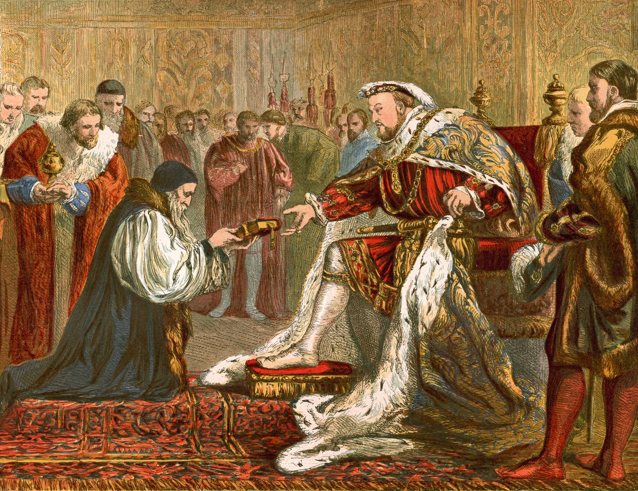 Latimer överlämnar bibeln till Henrik VIII (kolorerad gravyr) av English School