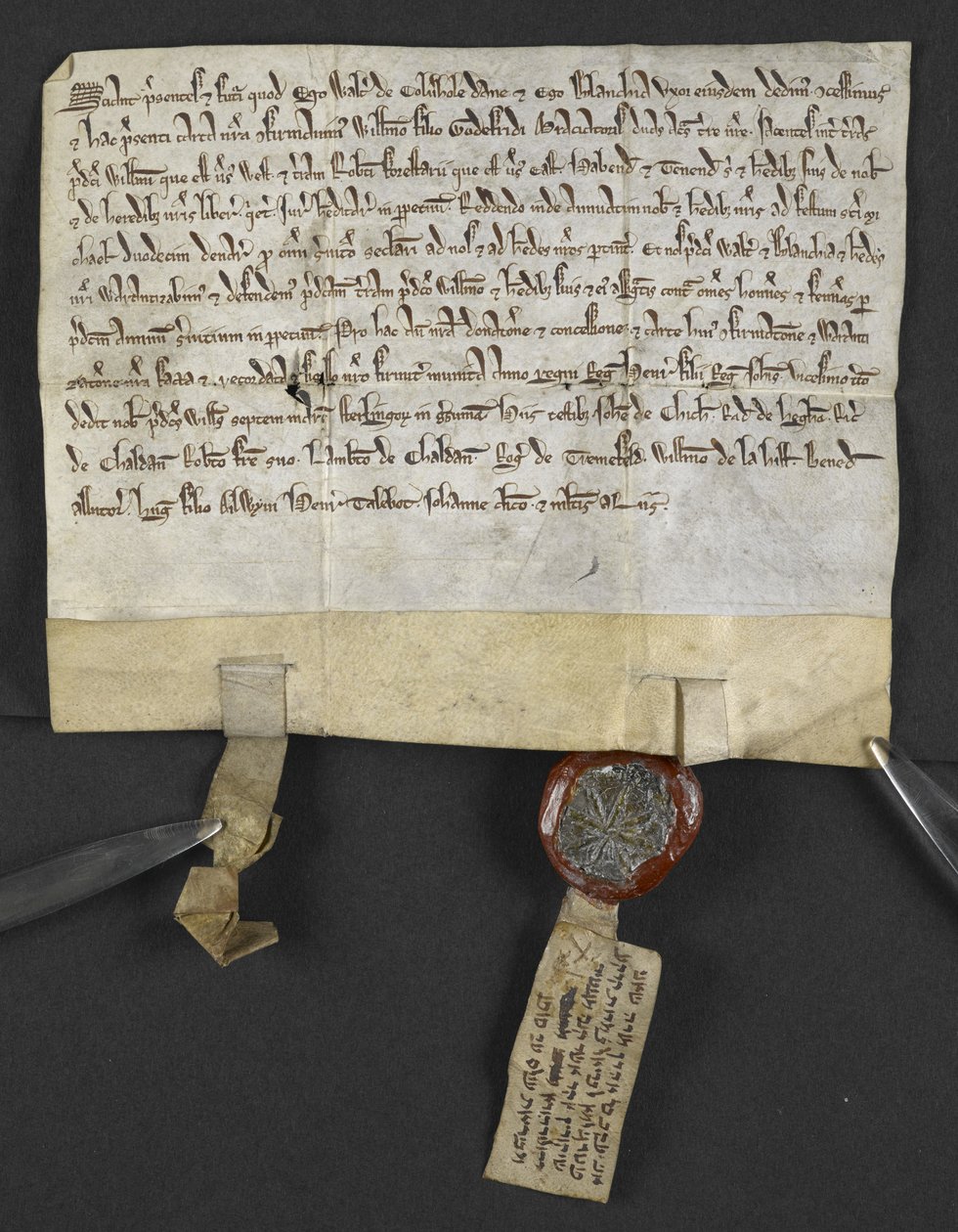 Latinskt dokument med hebreisk quitclaim (bifogat sigillet), av Jacob ben Aaron som upplåter en bit mark till William le Briel. England av English School