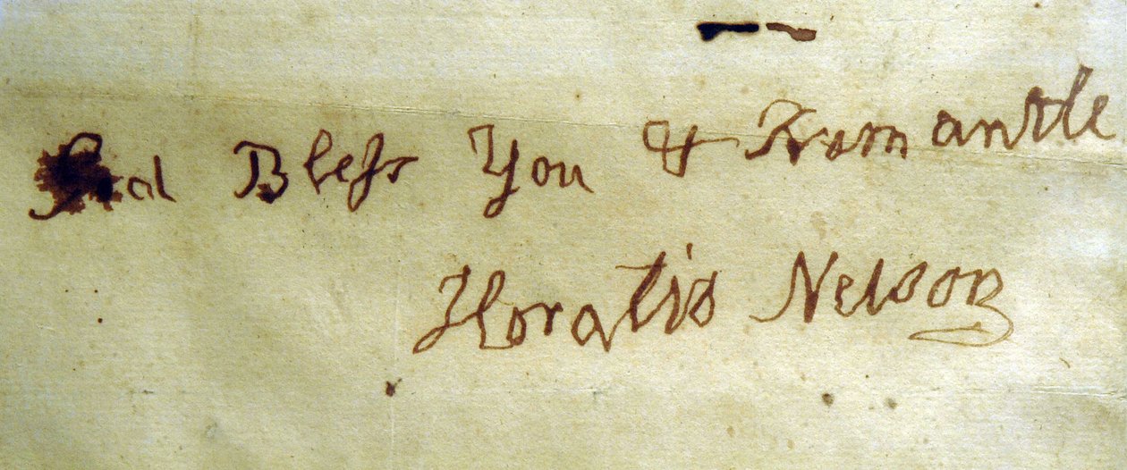 Vänsterhänt skrift av amiral Lord Nelson (penna och bläck på papper) av English School