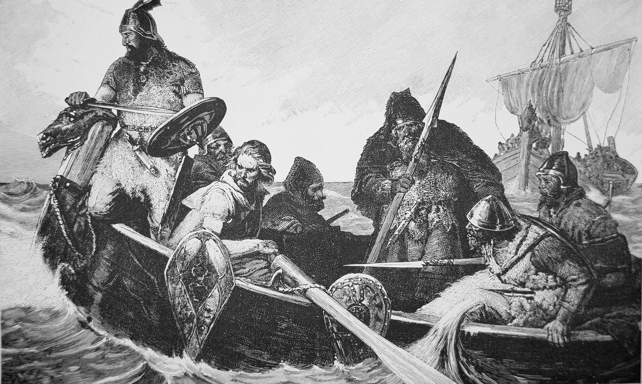 Leif Ericson upptäcker stranden av Vinland den gode, förmodligen Newfoundland (gravyr) av English School