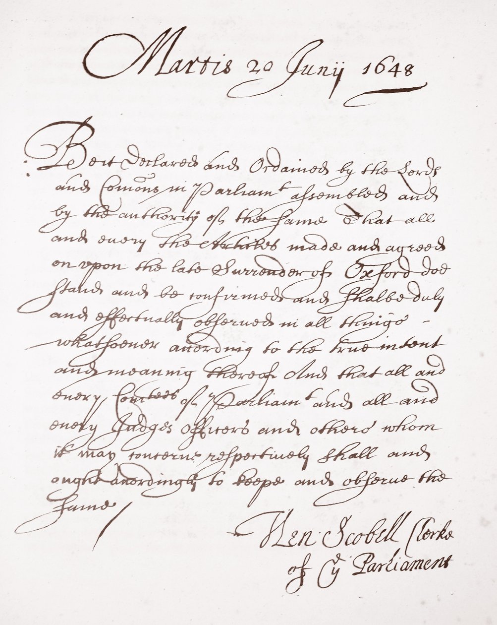 Brev av Henry Scobell, 20 juni 1648 av English School