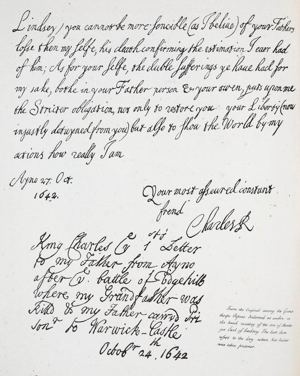 Brev från Charles II till Montague, Earl of Lindsey, 27 oktober 1642 av English School