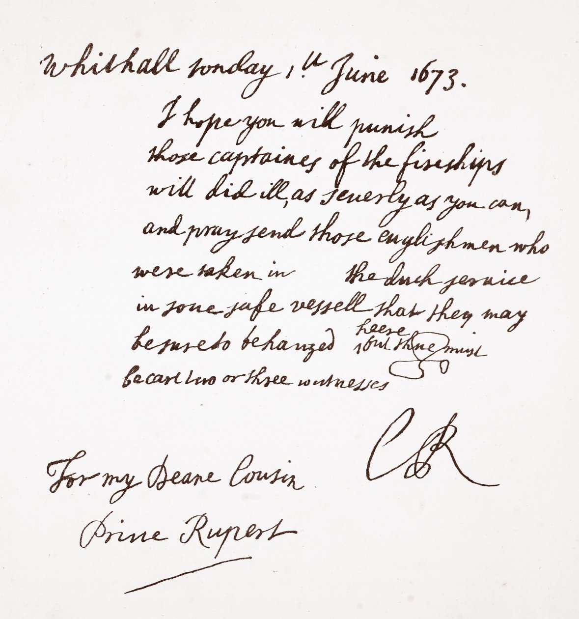 Brev från Charles II till Prins Rupert, 1 juni 1673 av English School