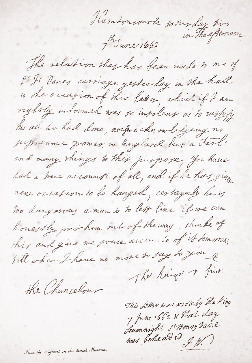Brev från Charles II till kanslern Lord Clarendon, 7 juni 1662 av English School
