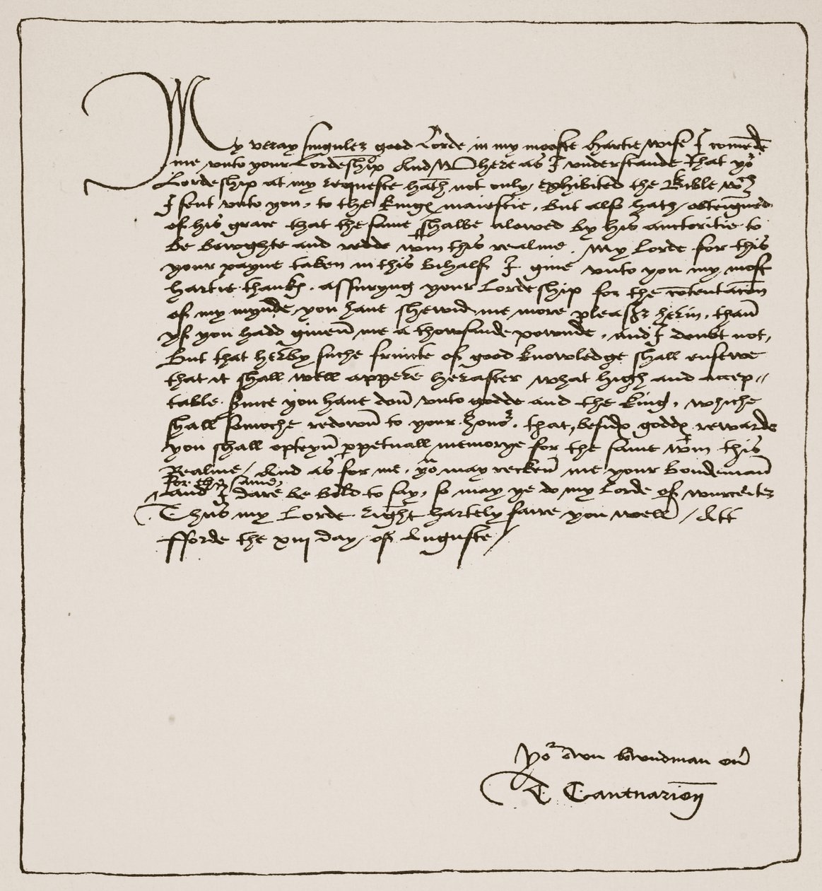 Brev från Cranmer till Cromwell där han tackar honom för att han erhållit Kings auktoritet för Matthews English Bible, 1537, från The Church of England: A History for the People av H.D.M. Spence-Jones, pub. c.191 av English School