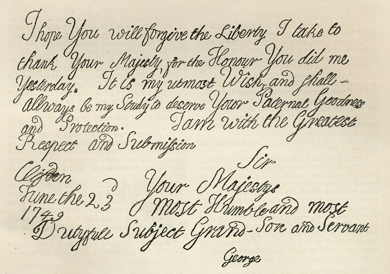Brev från George III till sin farfar kungen, 23 juni 1749, publicerat i 
