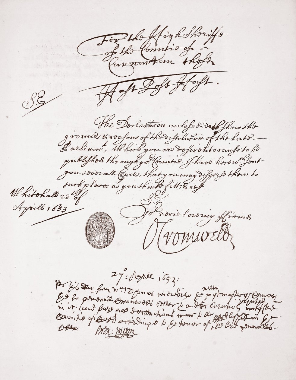 Brev från Oliver Cromwell, april 1653 av English School