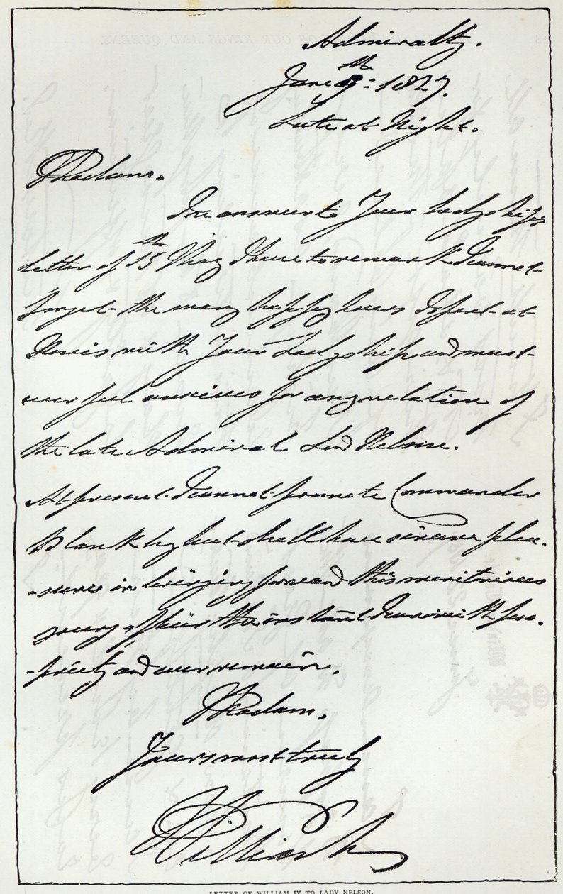 Brev från William IV till Lady Nelson, 1827, publicerat i 