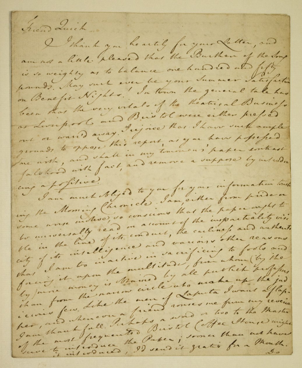 Brev från William Woodfall (1746-1803) till skådespelaren John Quick (1748-1831) angående John Hendersons positiva recensioner på Haymarket av English School