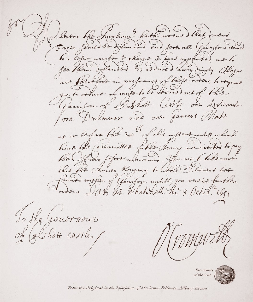 Brev till guvernören i Calshott Castle från Oliver Cromwell, 1651, faksimil från originalet i Sir James Fellowes ägo, Adbury House av English School