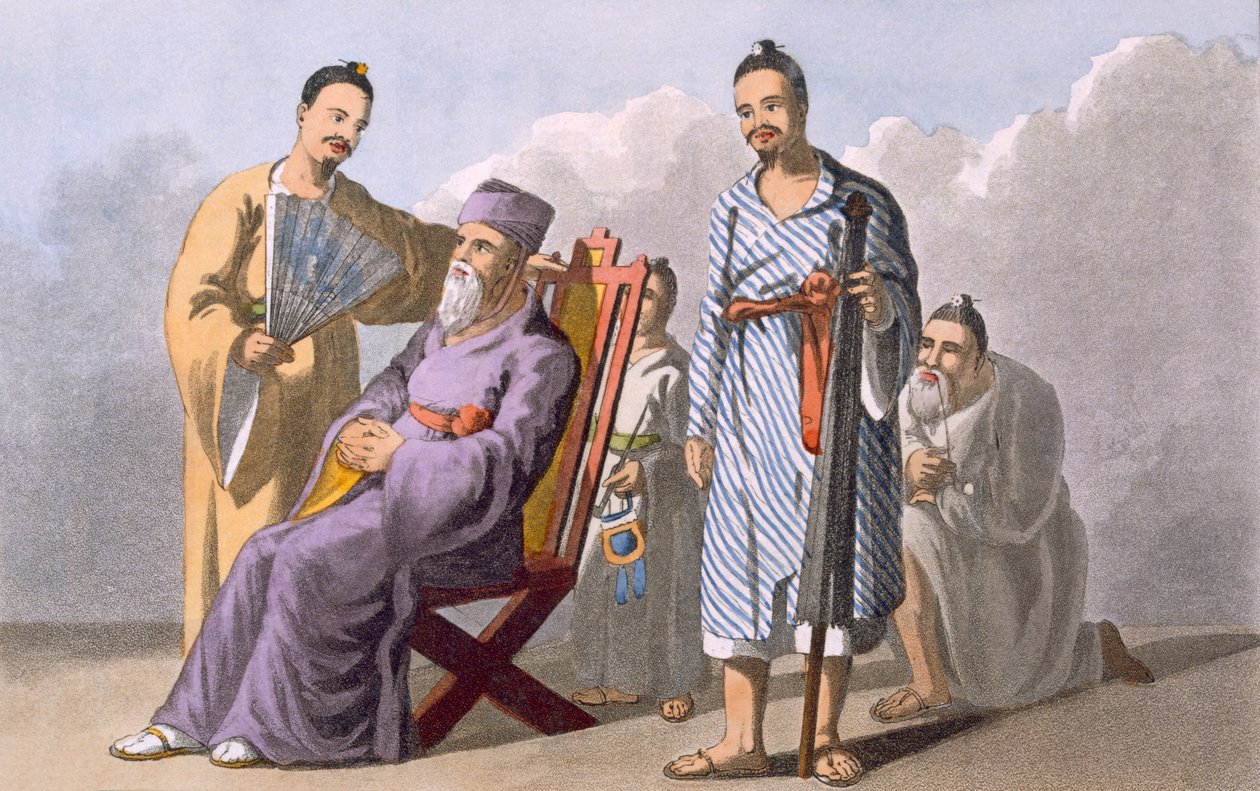 Lewchewan Chief and Attendants, 1820 (färgad akvatint) av English School