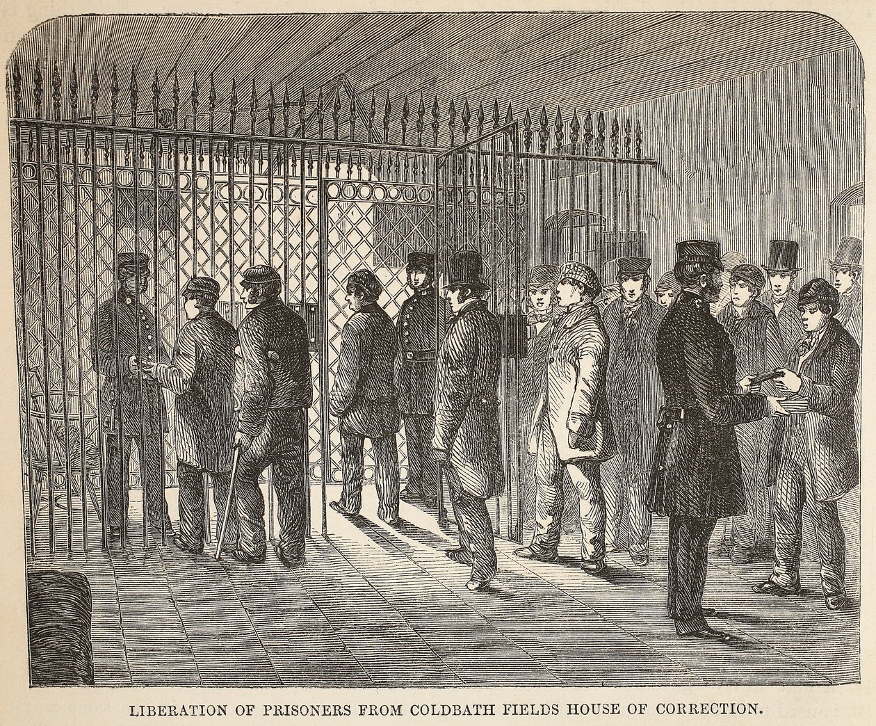 Frigörelse av fångar från Coldbath Fields House of Correction, illustration från The Criminal Prisons of London och scener från Prison Life av Henry Mayhew och John Binny, pub. 1862 av English School