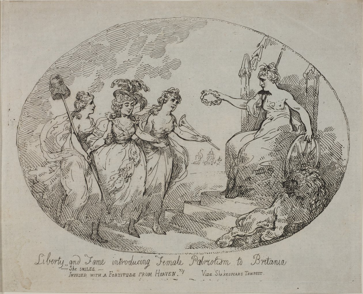 Frihet och berömmelse introducerar kvinnlig patriotism; Britannia och hertiginnan av Devonshire (gravyr) av English School