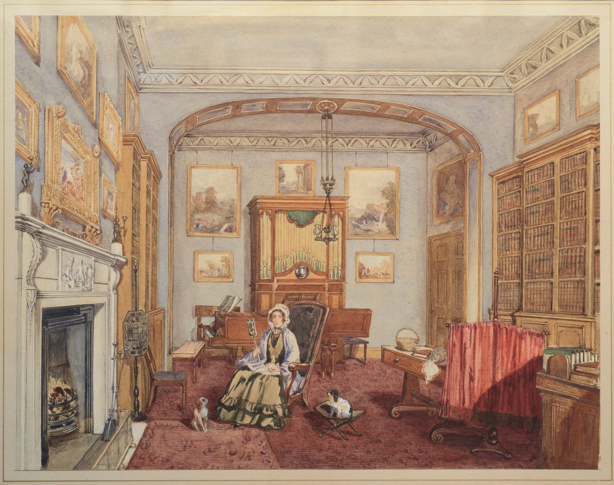 Bibliotek - Musikrum med Northwick Bacchus och Ariadne efter Titian, c.1830 av English School