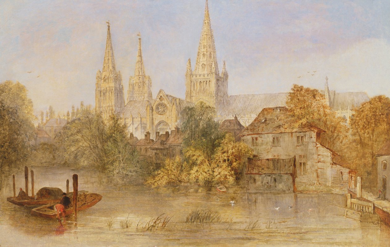 Lichfield Cathedral från Stowe Pool, ca 1850 av English School