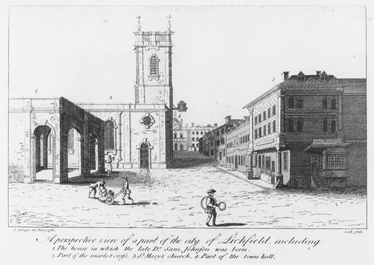 Lichfield, födelseplatsen för Dr Johnson (gravyr) av English School