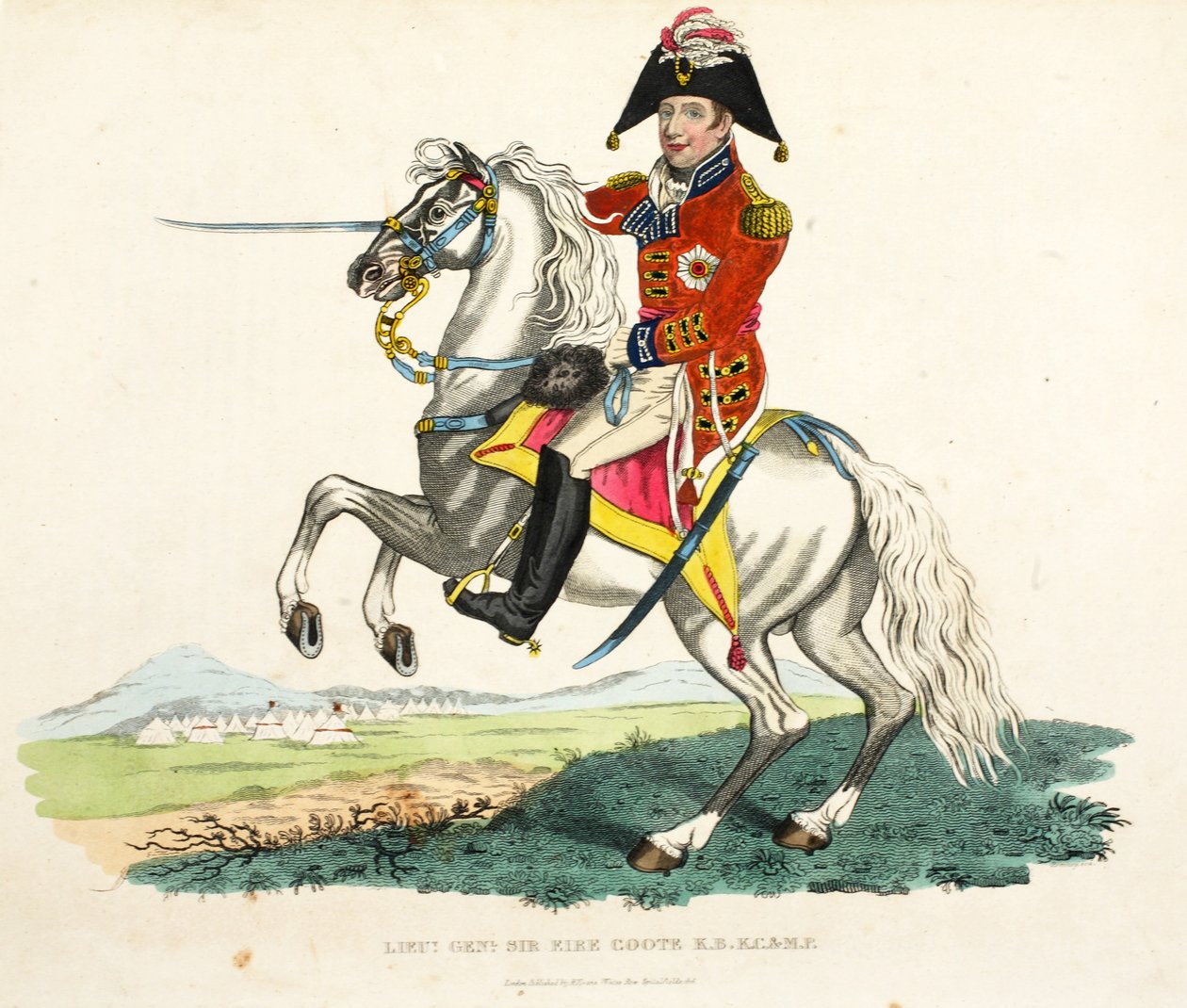 Generallöjtn Sir Eire Coote KB, KC och MP, pub. av Richard Evans, engr Romney, illustration från An Historical Account of the Battle of Waterloo av William Mudford, 1816 av English School