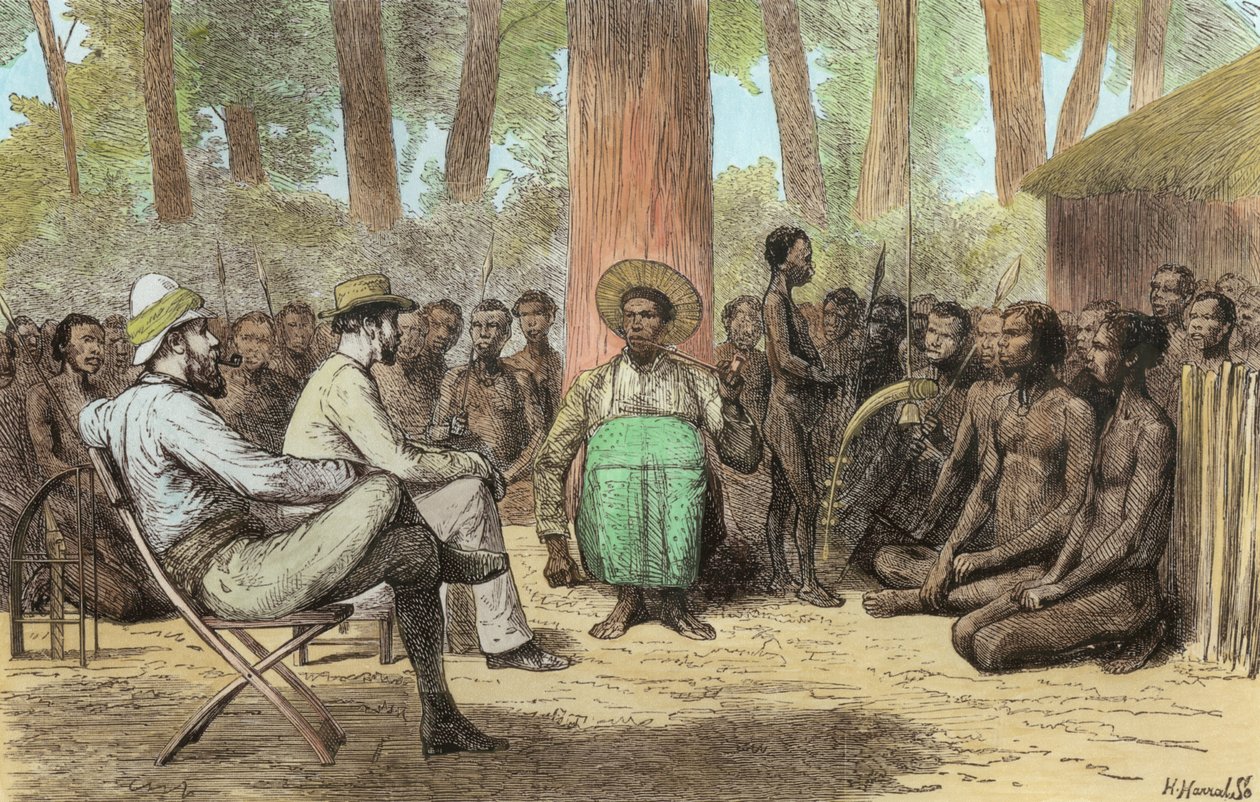 Löjtnant Verney Lovett Camerons (1844-94) Mottagning av Katende, graverad av Horace Harral (senare färgsättning) av English School