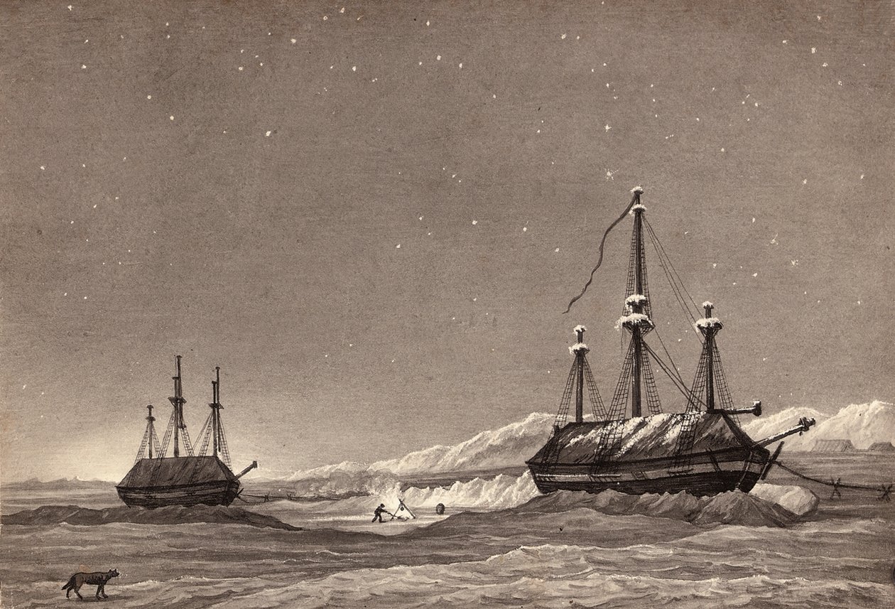 Löjtnant William Parrys första resa: H.M.S. Hecla och H.M.S. Griper i Winter Harbour, ca 1819 (penna & bläck och tvätt på papper) av English School