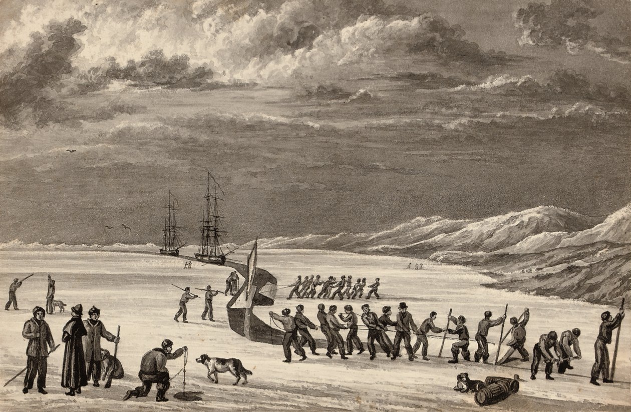 Löjtnant William Parrys första resa: Besättningarna på H.M.S. Hecla och H.M.S. Griper skär in i Winter Harbour, ca 1819 av English School