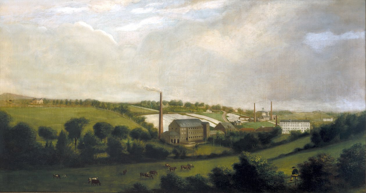 Linen Mill i Chapelizod, nära Lucan, Dublin, Irland, ca 1840 av English School