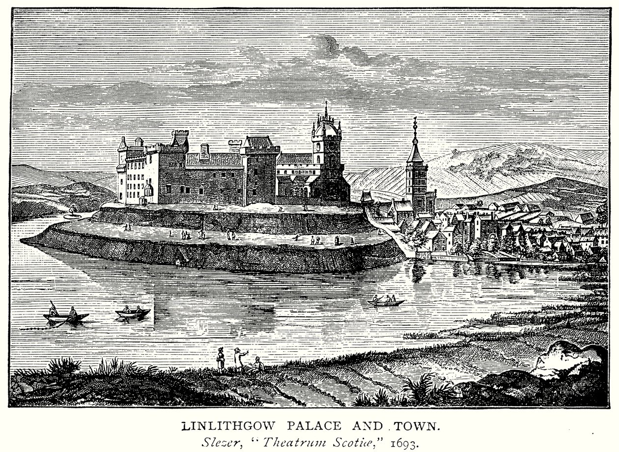 Linlithgows slott och stad (gravyr) av English School