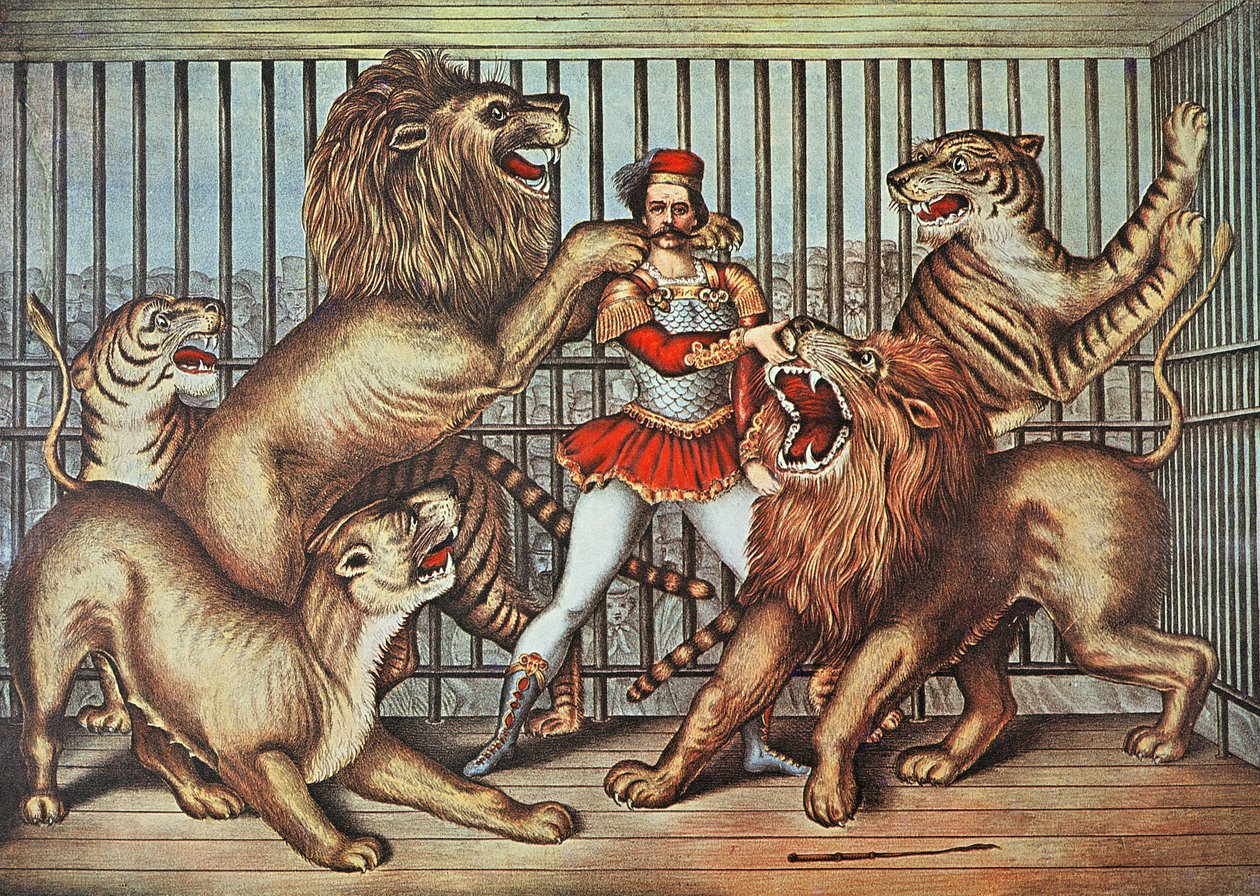 Lion Tamer, ca 1880 (färg litho) av English School