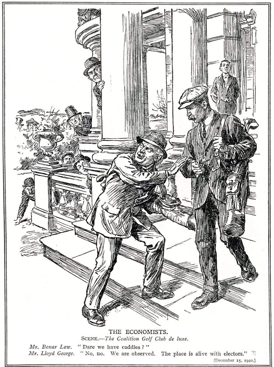 Lloyd George och Bonar Law på Coalition Golf Club, rädda för Anti-Waste-ligan, måste avstå från lyxen av caddies. december 1920 av English School