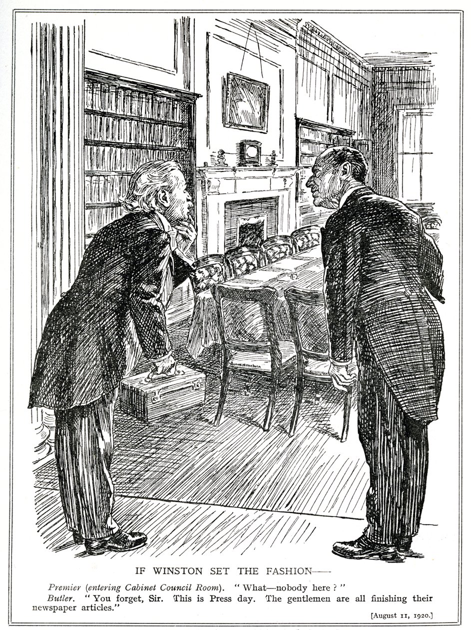 Lloyd George går in i ett kabinettsrum tom på ministrar som är upptagna med att skriva artiklar för tidningarna, augusti 1920 av English School