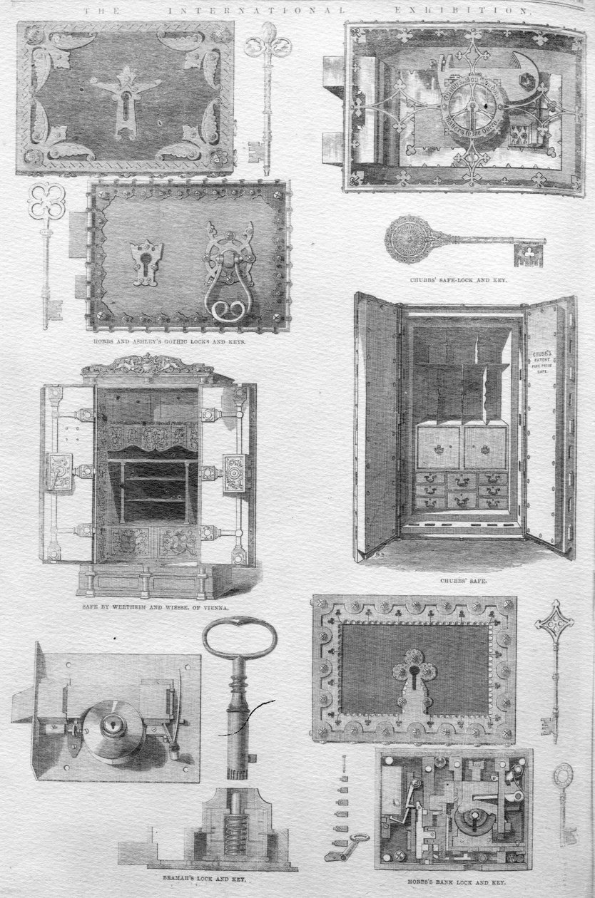 Lås och kassaskåp visas på den stora utställningen 1862, illustration från The Illustrated London News, 15 november 1862 av English School