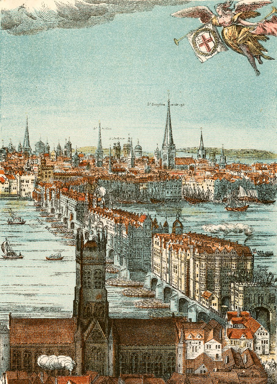 London Bridge (gravyr i färg) av English School