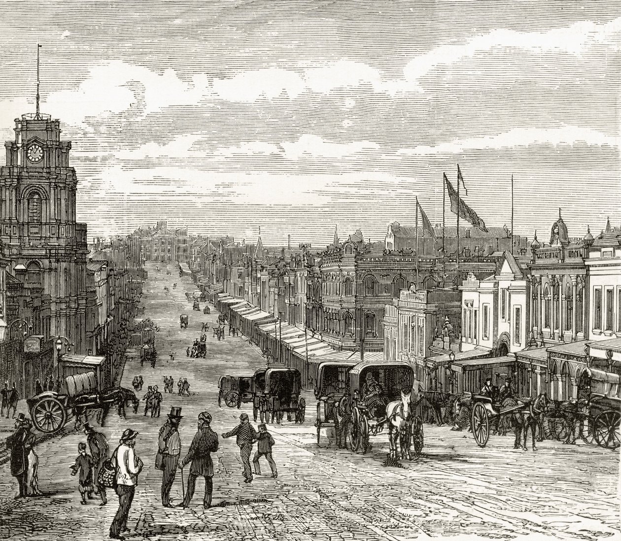 Blick österut på Bourke Street, Melbourne, omkring 1880, från "Australian Pictures" av Howard Willoughby, utgiven av Religious Tract Society, London, 1886. av English School