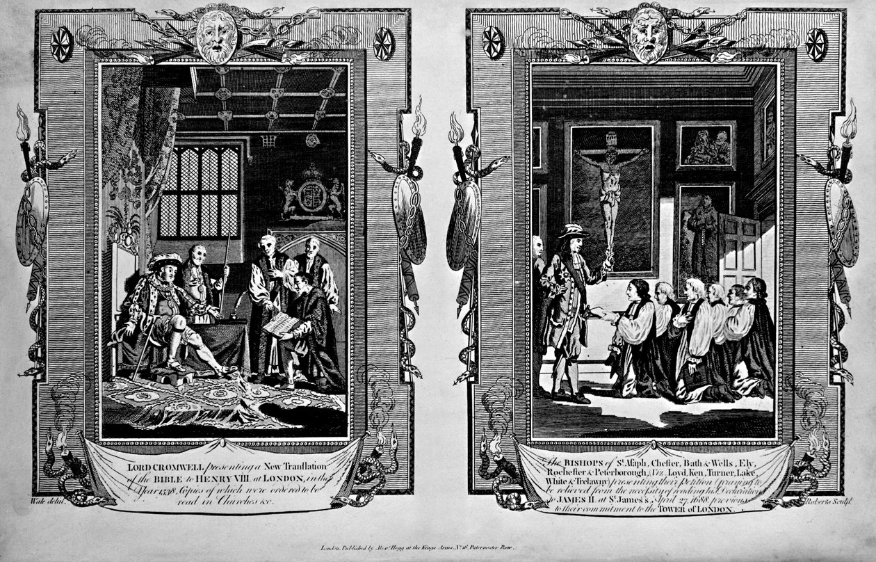 Lord Cromwell presenterar bibeln för Henry VIII och biskopar som presenterar en petition till James II 1688, från "The New and Complete Book of Martyrs", av Paul Wright av English School