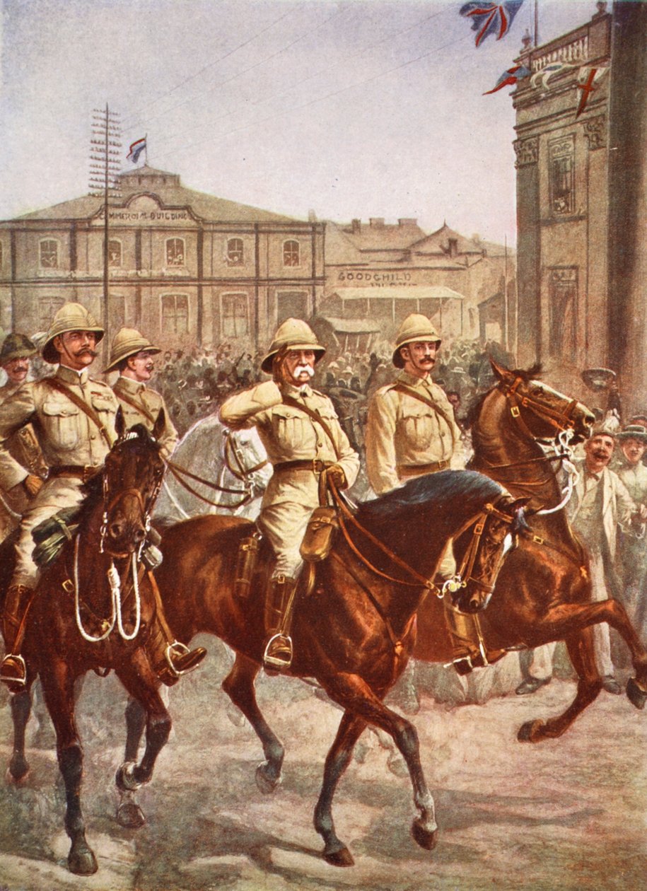 Lord Roberts går in i staden Kimberley efter den framgångsrika lindring av en fyra månader lång boerbelägring, illustration från Hutchinsons Story of the British Nation, ca 1920, illustration från Hutchinsons S av English School