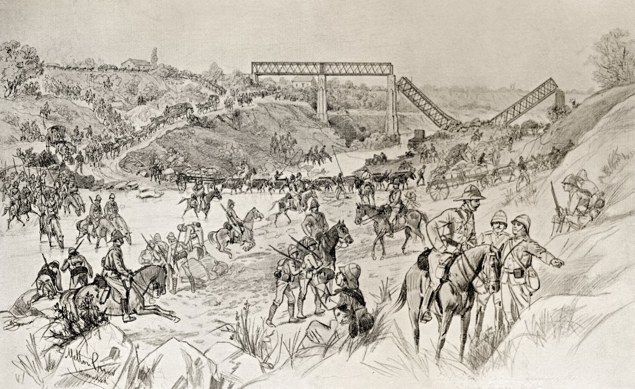 Lord Roberts kolumn som korsar Sand River Drift under andra boerkriget, från "South Africa and the Transvaal War" av Louis Creswicke, publicerad 1900 (litho) av English School