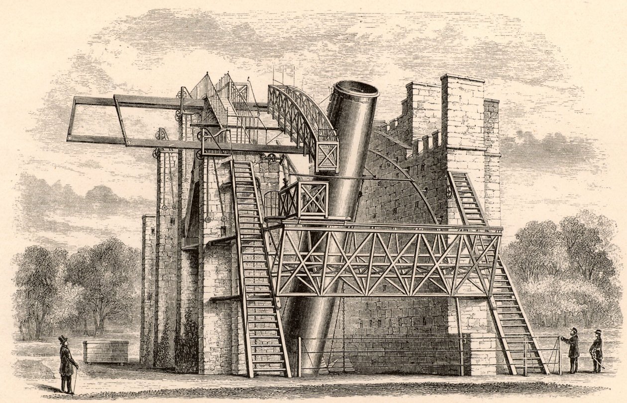 Lord Rosses stora reflekterande teleskop, från A Handbook of Descriptive Astronomy av George F. Chambers, publicerad i Oxford, 1890 av English School