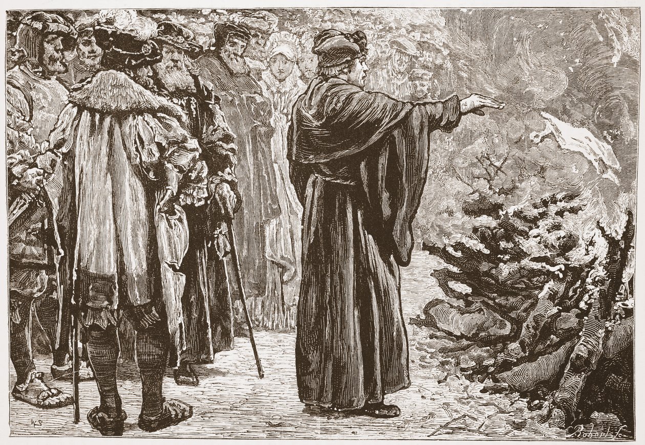Luther Burning the Popes Bull, illustration från The History of Protestantism av James Aitken Wylie (1808-1890), pub. 1878 av English School